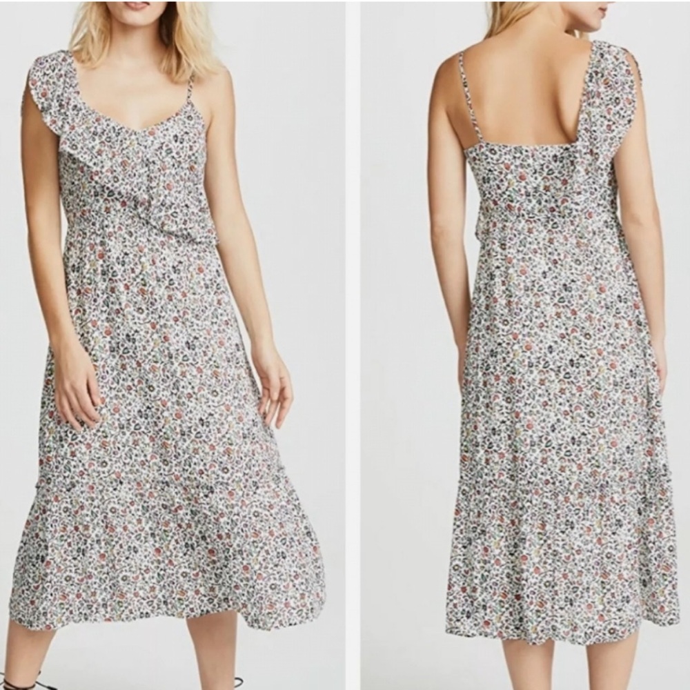 Club Monaco Yohara Dress Midi Size 0 White Floral Ruffle Lined Sleeveless
